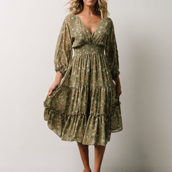 Baltic Born Dresses & Skirts - Olive Green Floral Tiered Midi Dress